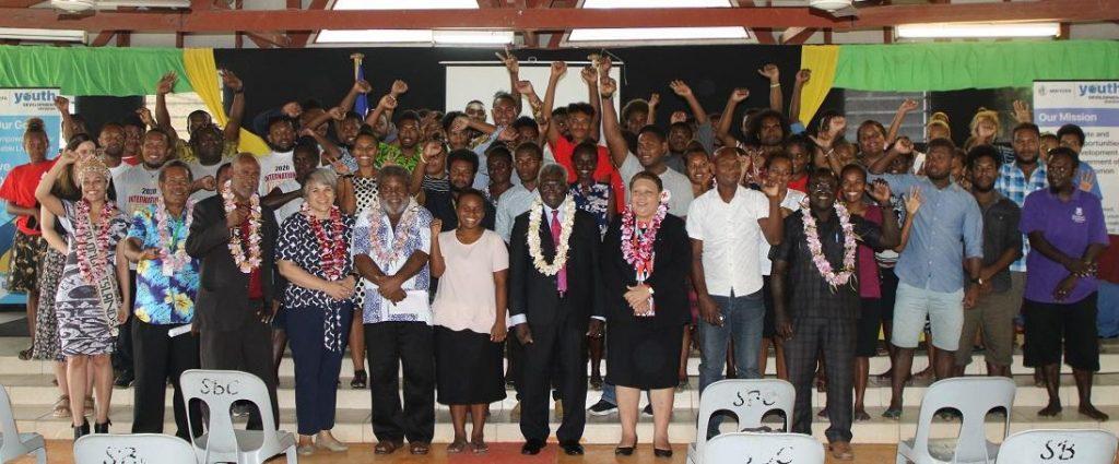 PM Sogavare Minister Tuki and Honiara Mayor Mamae join officials and youth representatives for a photoshoot
