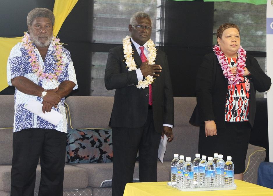 PM Sogavare c Honiara City Lord Mayor Wilson Mamae l and Minister for Women Youth Children and Family Affairs Freda Tuki
