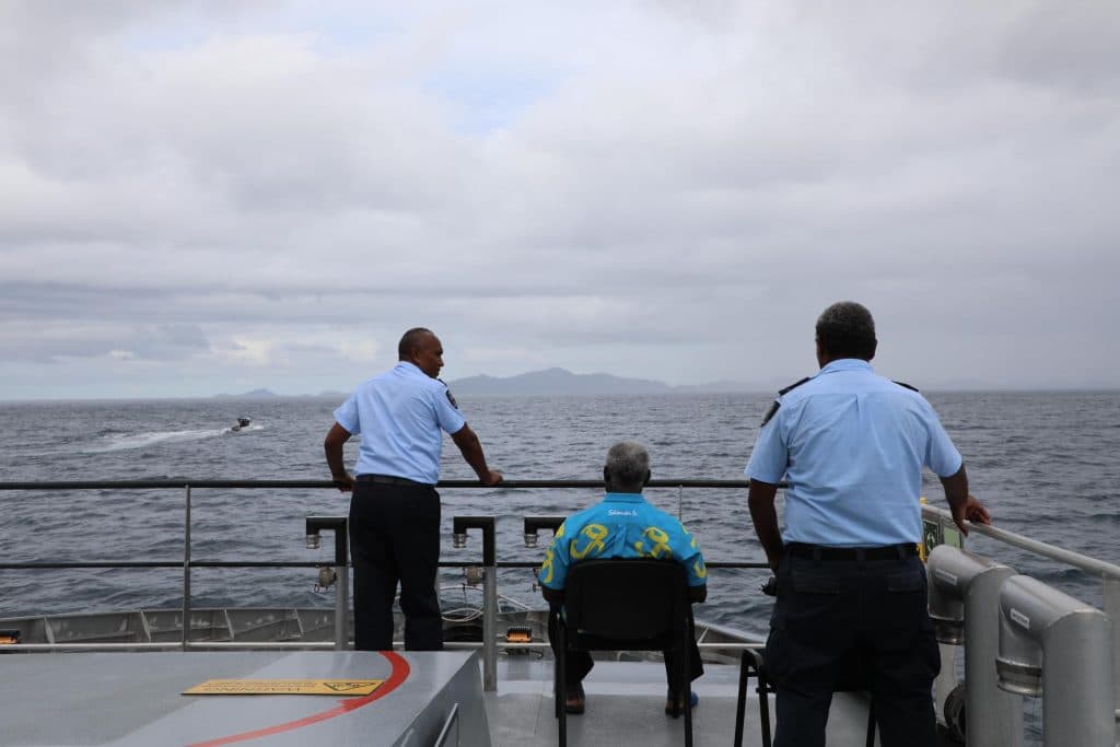 PM Sogavare onboard Patrol Boat Gizo while touring the border redline