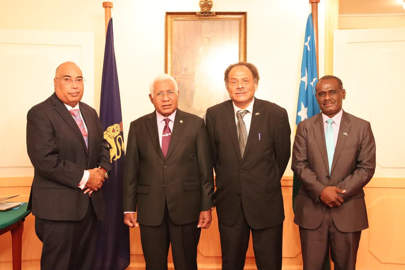 Permanent Secretary Collin Beck, Governor General Sir David Vunagi, Ambassador designate John Moffat Fugui and Foreign Affairs Minister Jeremiah Manele during the Commissioning ceremony at Government House