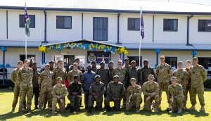 Prime Minister Sogavare with Australian Defence Force New Zealand Defence Force and Republic of Fiji Military Forces personnel