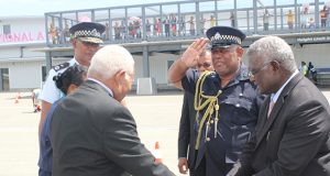 Sir David, left, farewelled by Sogavare this morning