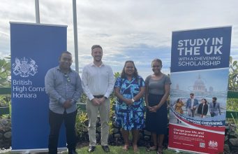 High Commissioner Thomas Coward with our three Chevening scholars for 2023 2024