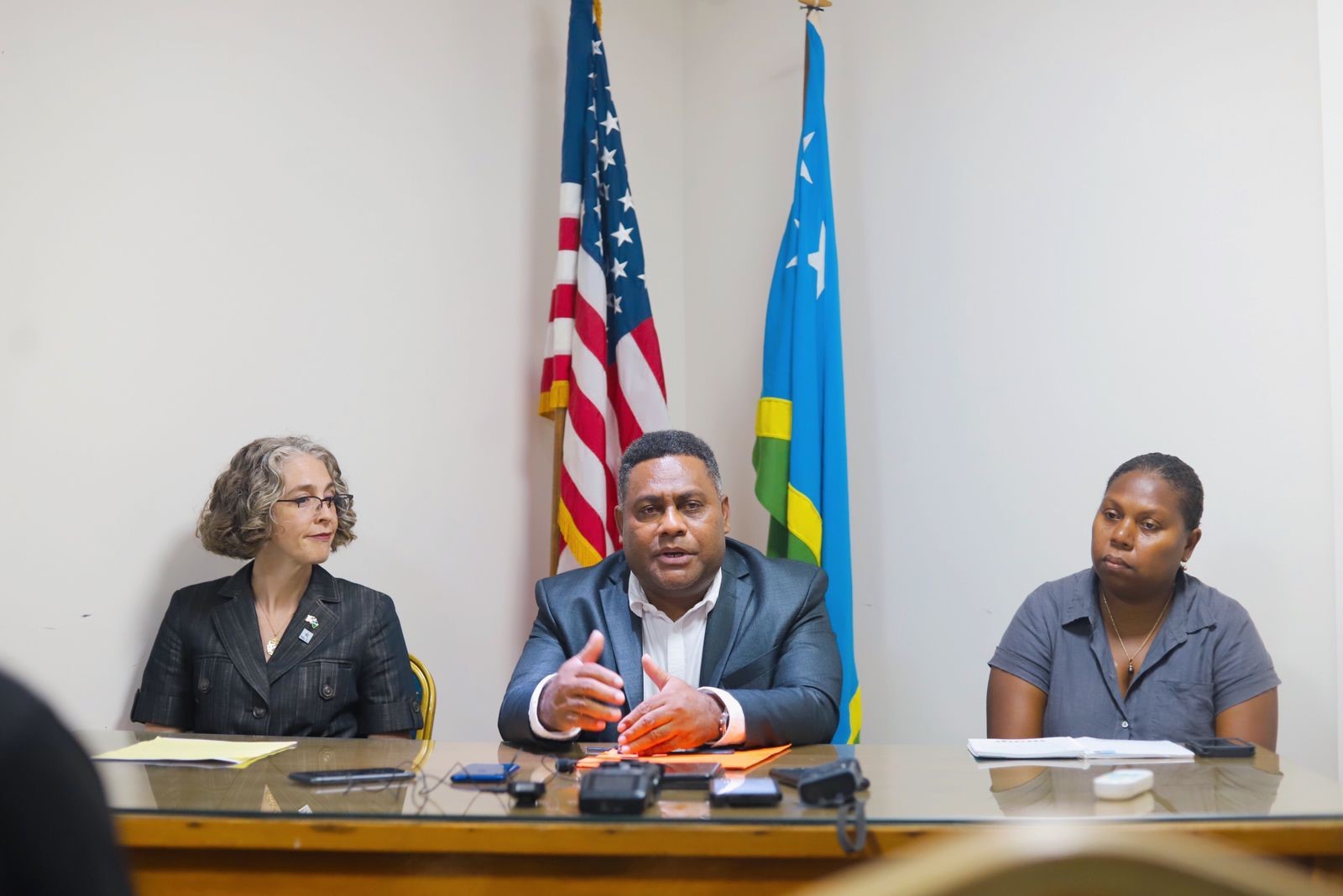 MNPDC Caretaker Minister (center) with PS Ms Susan Sulu, right and Ms. Alicia Phillips Mandaville the Vice President of Policy and Evaluation at the MCC at a press briefing last year.