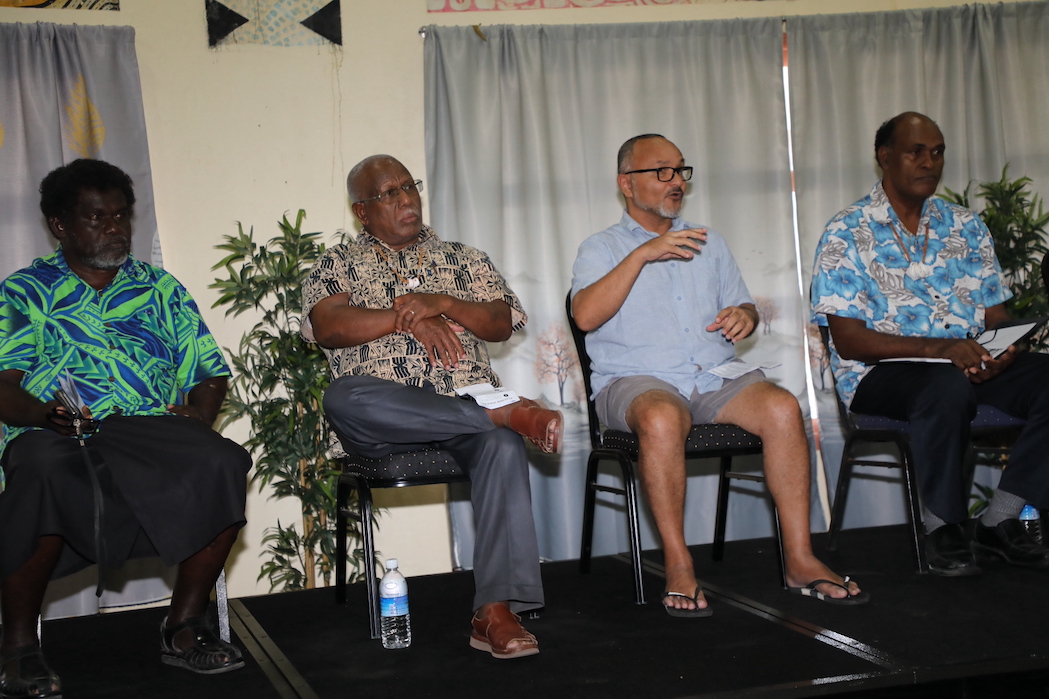 SIDP wing leader Matthew Wale makes a point, flanked by DAP wing leader Rick Hou, former West Are'Are MP John Mane and former Independent Leader Dean Kuku, at the workshop at Pacific Crown Hotel today