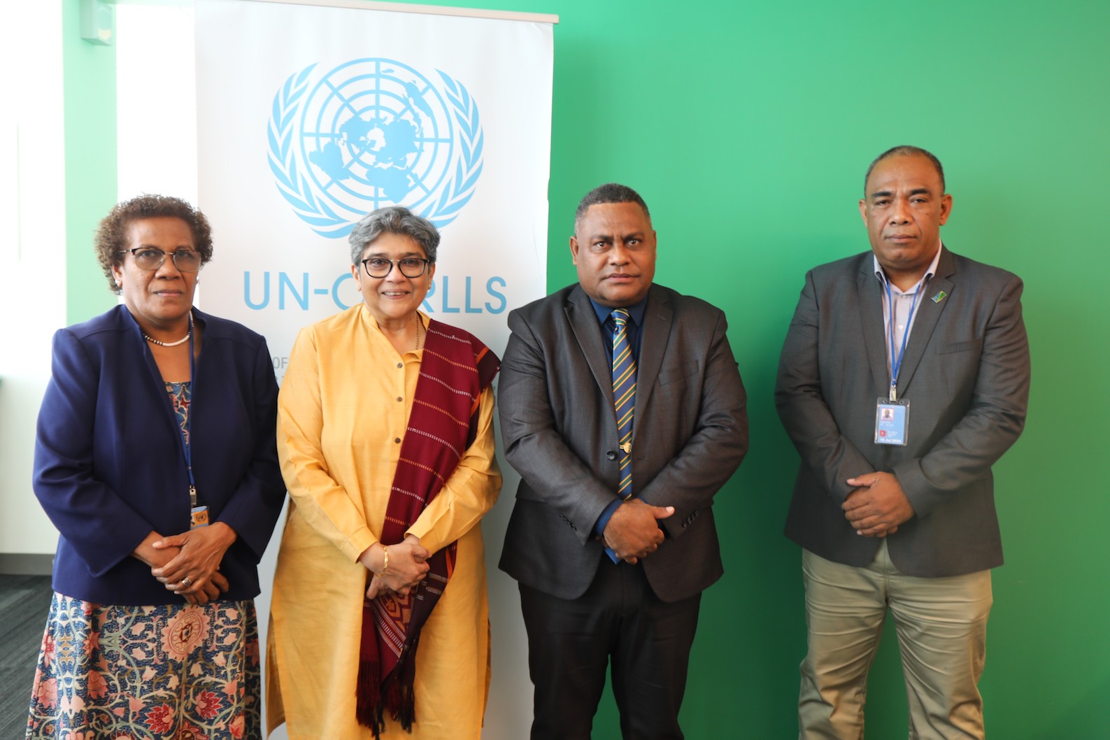 (L-R) SI Permanent Representative to the UN, H.E. Ambassador Jane Waetara, UN-OHRLLS Under-Secretary General Ms Rabab Fatima, MNPDC Minister Hon. Rexon Ramofafia and MNPDC PS Dr Melchior Mataki.