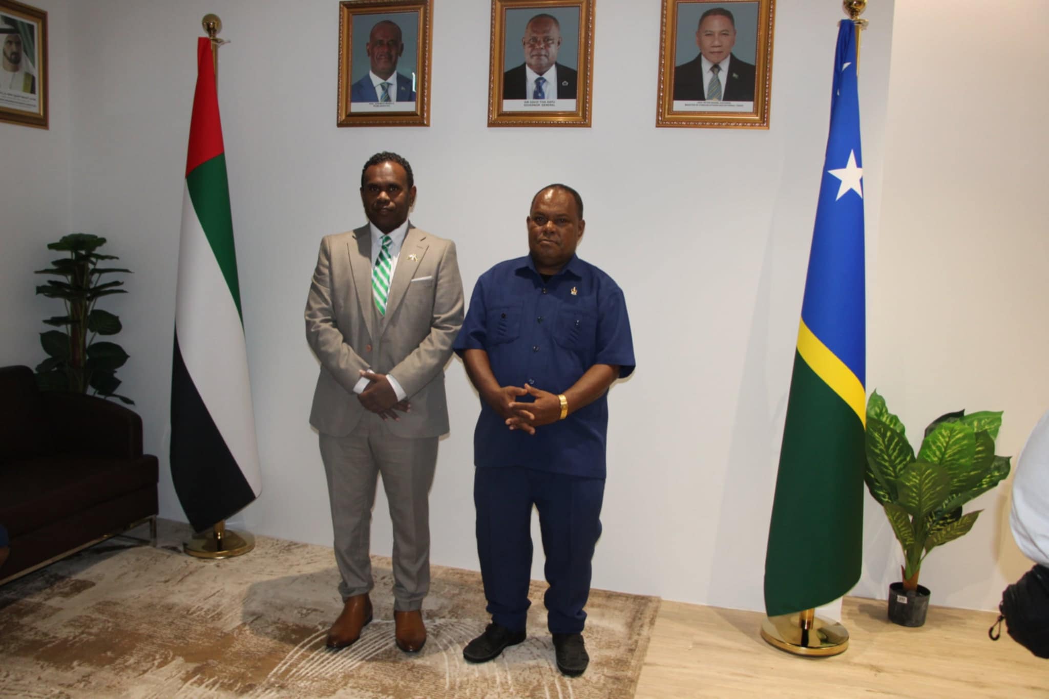 Ambassador Cornelius Walegerea and Governor General HE Sir David Tiva Kapu at the Solomon Islands Embassy in Abu Dhabi