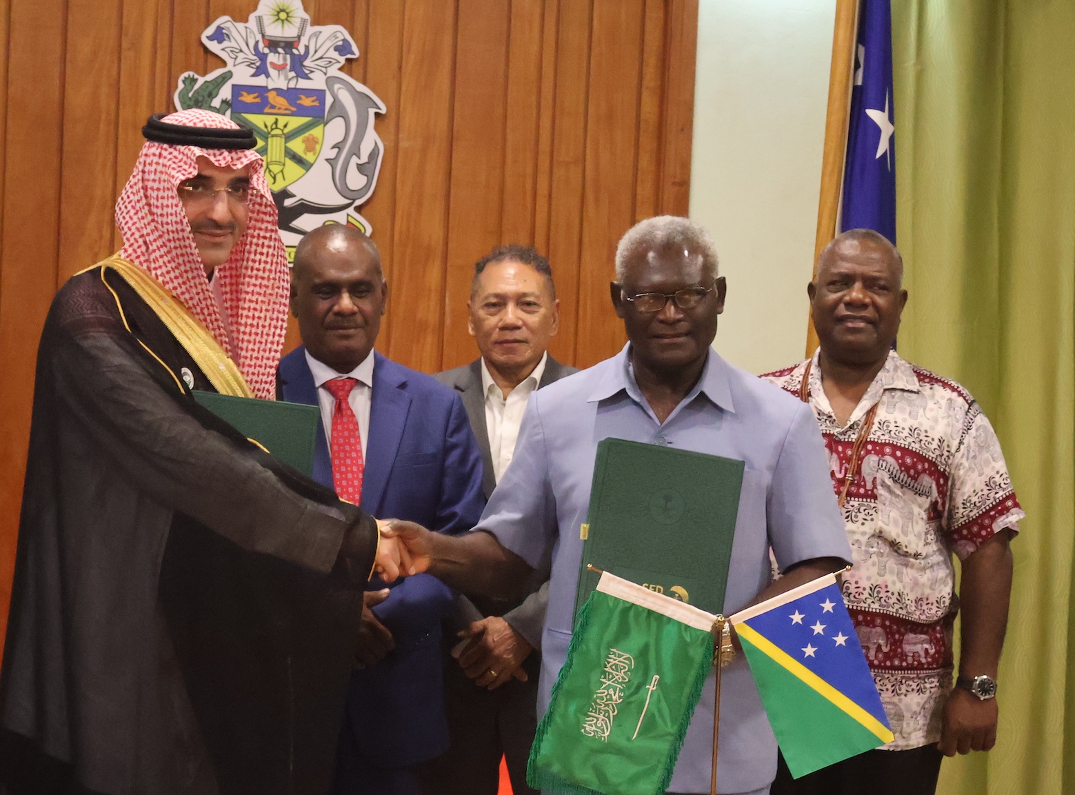 Development Cooperation Agreement signed between SFD and the Solomon Islands Government witnessed by the Prime Minister Honorable Jeremiah Manele and the Deputy Prime Minister Honorable Bradley Tovosia.